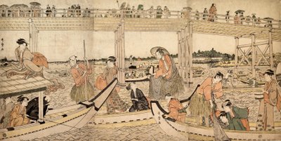 Rybářské lodě se sítěmi pod mostem Rjogoku, 90. léta 18. století. od Kitagawa Utamaro