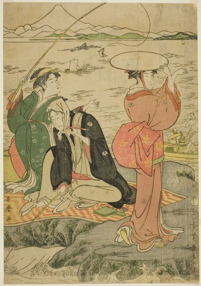 Rybaření na skalách a Enoshima od Kitagawa Utamaro