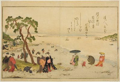 Shromažďování mušlí při odlivu, z ilustrované knihy „Dárky z odlivu (Shiohi no tsuto)“ od Kitagawa Utamaro