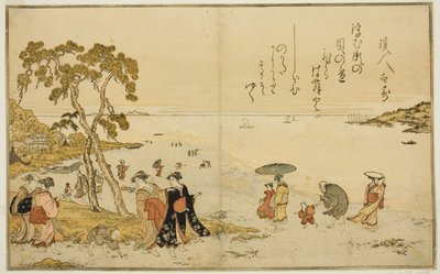 Shromažďování mušlí při odlivu, z ilustrované knihy „Dárky z odlivu (Shiohi no tsuto)“ od Kitagawa Utamaro