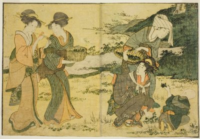 Sběr jarních bylinek, z ilustrované knihy "Obrázková kniha: Květiny čtyř ročních období (Ehon shiki no hana)", sv. 1 od Kitagawa Utamaro
