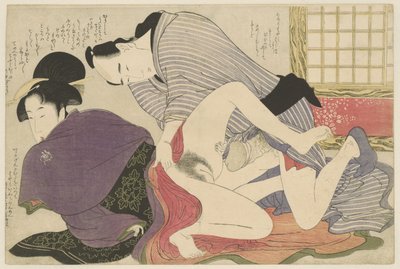Gejša a milenec u volně stojícího skládacího plátna Negai no itoguchi (název série) od Kitagawa Utamaro