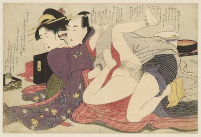 Gejša v kimonu s dlouhým rukávem a její milenec Negai no itoguchi (název série) od Kitagawa Utamaro