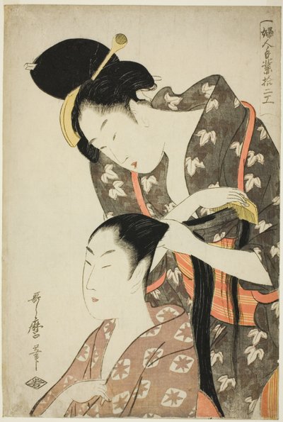 Kadeřník, ze série "Dvanáct druhů ženských řemesel (Fujin tewaza juni ko)" od Kitagawa Utamaro