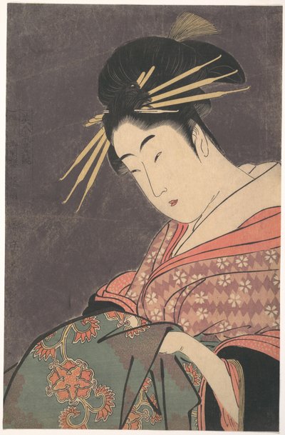 „Hanaōgi z Gomeirō“, ze série Porovnání půvabů krásek (Bijin kiryō kurabe: Gomeirō Hanaōgi) od Kitagawa Utamaro