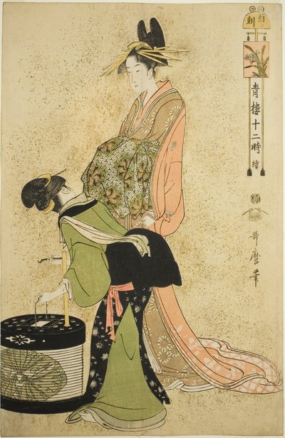 Hour of the Cock (Tori no koku), ze série „Dvanáct hodin v Yoshiwara (Seiro juni toki tsuzuki)“ od Kitagawa Utamaro