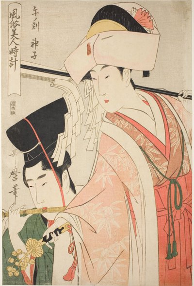 Hour of the Horse [12:00], Shrine Maiden (Uma no koku, miko), ze série „Customs of Beauties Around the Clock“ („Fuzoku bijin tokei“) od Kitagawa Utamaro