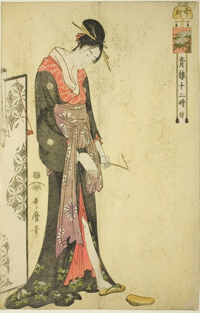 Hour of the Ox [2am] (Ushi no koku), ze série "Dvanáct hodin v Yoshiwara (Seiro juni toki tsuzuki)" od Kitagawa Utamaro