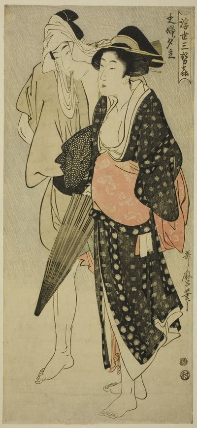 Manžel a manželka přistiženi ve večerní sprše (Fufu no Yudachi), ze série „Tři večerní radosti plovoucího světa“ („Ukiyo San Seki“) od Kitagawa Utamaro