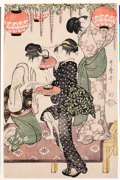Mladé dívky z japonské čajovny visící lucerny z espalier z vistárie - Tisk Kitagawa Utamaro (1753-1806), kolem roku 1795, linoryt - Dívky z čajovny pod vistáriovým espalierem - Barevný linoryt Kitagawa Utamaro (1753-1806) od Kitagawa Utamaro