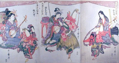 Kintaro, Urašimataro a Momotaro, z triptychu "Soubor tří pohárů na saké pro první měsíc (Tarozuki mitsugumi sakazuki)". od Kitagawa Utamaro