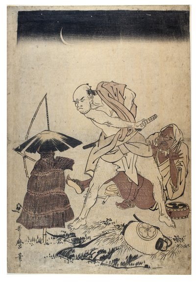 Muž ohrožuje strašáka za temné noci, kolem 1758-1806 (dřevěný tisk bez papíru) od Kitagawa Utamaro