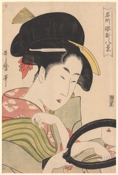 Zrcadlo ze série „Osm pohledů na čajové stánky na slavných místech“ („Meisho koshikake hakkei“) od Kitagawa Utamaro