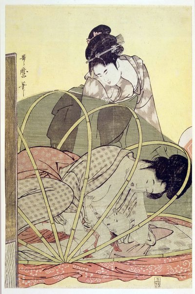 Matka kojící dítě pod moskytiérou par Utamaro, Kitagawa (1753-1806), c. 1795 - Barevný dřevoryt, 37,6x24,6 - Soukromá sbírka od Kitagawa Utamaro