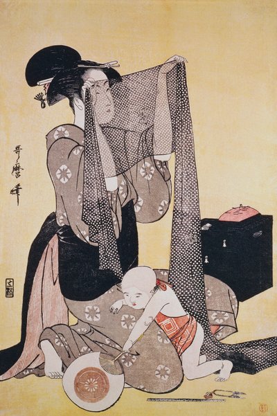 Vyšívání, cca 1794, Kitagawa Utamaro (1753-1806), dřevoryt, Japonsko, období Edo od Kitagawa Utamaro