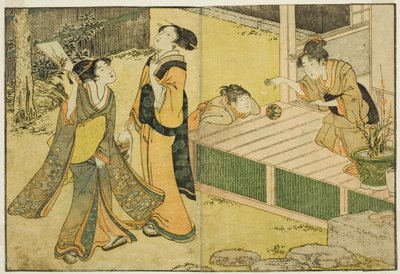 Novoroční hry Shuttlecock, Battledore a Hand Ball, z ilustrované knihy "Picture Book: Flowers of the Four Seasons (Ehon shiki no hana)", sv. 1 od Kitagawa Utamaro