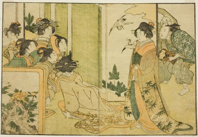 Novoroční představení Manzai v sídle feudálního pána z ilustrované knihy "Picture Book: Květiny čtyř ročních období (Ehon shiki no hana)", svazek 1. od Kitagawa Utamaro