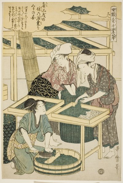 č. 3 (san), ze série "Ženy angažované v serikultuře (Joshoku kaiko tewaza-gusa)" od Kitagawa Utamaro