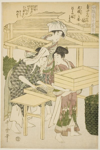 č. 4 (shi), ze série "Ženy angažované v serikultuře (Joshoku kaiko tewaza-gusa)" od Kitagawa Utamaro