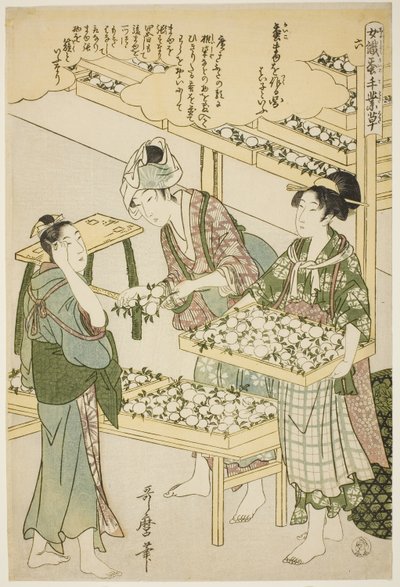č. 6 (roku), ze série "Ženy angažované v serikultuře (Joshoku kaiko tewaza-gusa)" od Kitagawa Utamaro