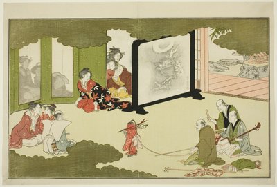 Představení cvičené opice z ilustrované básnické antologie s názvem „Mladý bůh Ebisu (Waka Ebisu)“ od Kitagawa Utamaro