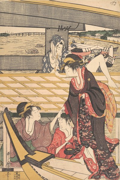 Pleasure Party ve člunech na řece Sumida pod mostem Ryogoku, ca. 1796. od Kitagawa Utamaro