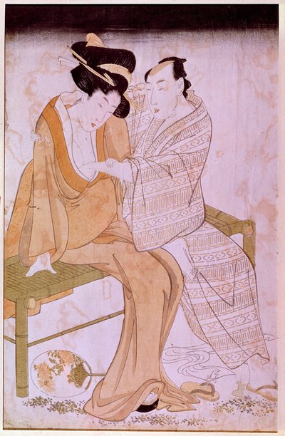 Znázornění japonského páru, který se navzájem hladí na lavičce. Tisky Utamaro Kitagawa (1753-1806). Ztlumit. 0,38x0,245 m. Paříž, Muse Guimet, Národní muzeum asijského umění od Kitagawa Utamaro