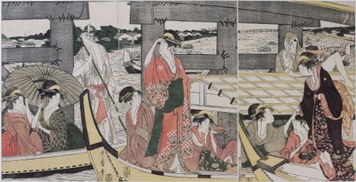 Sur et sous le pont de Ryogoku (Tokio) - Na vrcholu a pod mostem Ryogoku par Utamaro, Kitagawa (1753-1806), c. 1796 - Barevný dřevoryt, 38,2x74,6 - Soukromá sbírka od Kitagawa Utamaro