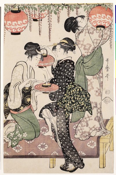 Dívky z čajovny pod wistaria espalier, 1795 od Kitagawa Utamaro