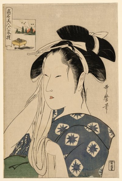 Vdova Asahiya, ze série „Renomované krásy připodobněné k šesti nesmrtelným básníkům“ („Komei bijin rokkasen“) od Kitagawa Utamaro