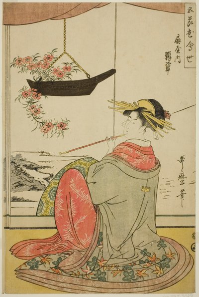 Kurtizána Hisui z Fan House (Ogiya uchi Hisui), ze série The Five Festivals Flower Competition (Gosechi hana awase) od Kitagawa Utamaro