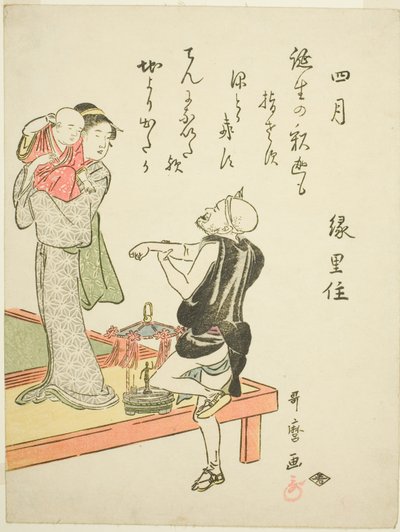 Čtvrtý měsíc (Shigatsu), z nepojmenované série žánrových scén ve dvanácti měsících, s básněmi kyoka od Kitagawa Utamaro