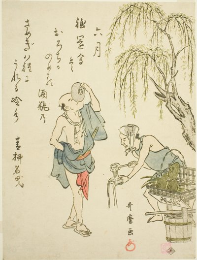 Šestý měsíc (Rokugatsu), z nepojmenované série žánrových scén ve dvanácti měsících, s básněmi kyoka od Kitagawa Utamaro