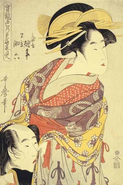 Milenci Miuraya Agemaki a Yorozuya Sukeroku (oban z knihy Jitsu kurabe iro no minakami) , asi 1798-1799 (barevný dřevoryt) od Kitagawa Utamaro