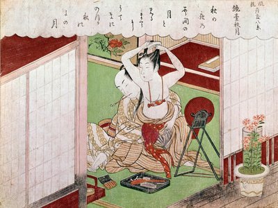 Toaleta s elegantním japonským tiskem Utamaro Kitagawa (1753-1806). Slunce. 0,38 x 0,25 m. 1794-1795. Paříž, Guimetovo muzeum, Národní muzeum asijského umění od Kitagawa Utamaro