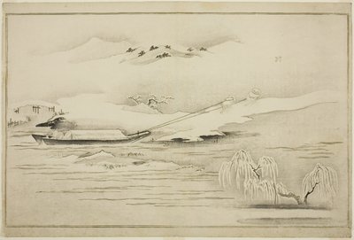Tažení člunu ve sněhu, z alba Stříbrný svět od Kitagawa Utamaro