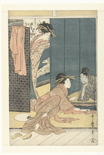 Dvě kurtizány a mladý muž pod moskytiérou od Kitagawa Utamaro