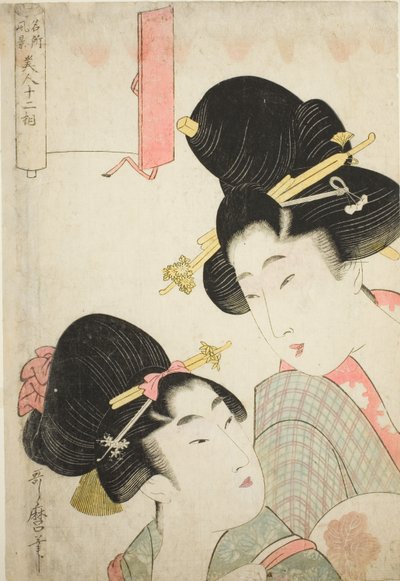 Dvě dívky ze série "Dvanáct fyziognomií krásných žen reprezentujících pohledy na slavná místa (Meisho fukei bijin juni so)" od Kitagawa Utamaro