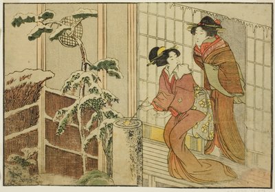 Dvě ženy na verandě za zasněženého rána, z ilustrované knihy "Obrázková kniha: Květiny čtyř ročních období (Ehon shiki no hana)", sv. 2 od Kitagawa Utamaro