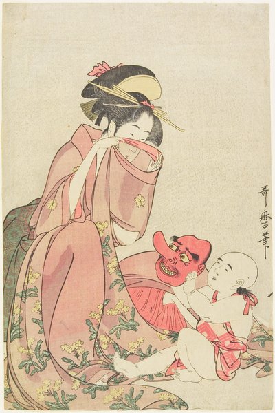 Žena hrající si s dítětem s maskou tengu od Kitagawa Utamaro