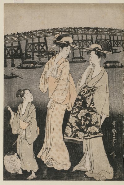 Ženy si užívají večerní pohodu poblíž mostu Rjogoku od Kitagawa Utamaro