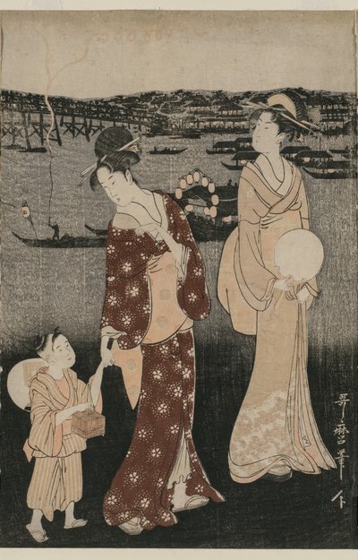 Ženy si užívají večerní pohodu poblíž mostu Rjogoku od Kitagawa Utamaro