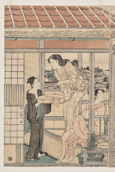 Ženy zavěšené prádlo k sušení na balkóně od Kitagawa Utamaro