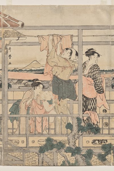 Ženy zavěšené prádlo k sušení na balkóně od Kitagawa Utamaro