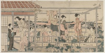 Ženy zavěšené prádlo k sušení na balkóně, počátek 90. let 18. století. od Kitagawa Utamaro
