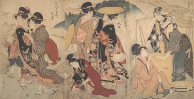 Ženy a muž na venkově, nějaký průvod, konec 18.-začátek 19. století. od Kitagawa Utamaro