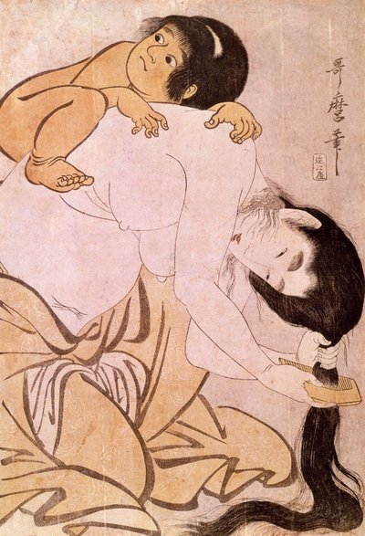 Yamauba a Kintoki Matka si češe vlasy, zatímco nosí své dítě na zádech. Japonský tisk Utamaro Kitagawa (1753-1806). 18. století. Paříž, Guimet Museum, Asian Arts Museum od Kitagawa Utamaro