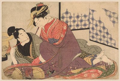Mladý muž kouří s kurtizánou Jonge man potkal kurtizánu Negai no itoguchi (název série) od Kitagawa Utamaro
