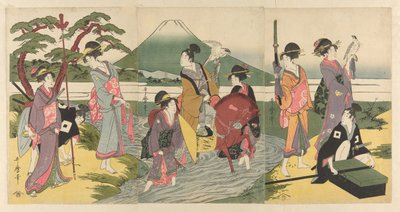Mladý muž a jeho skupina překračují potok před horou Fudži od Kitagawa Utamaro