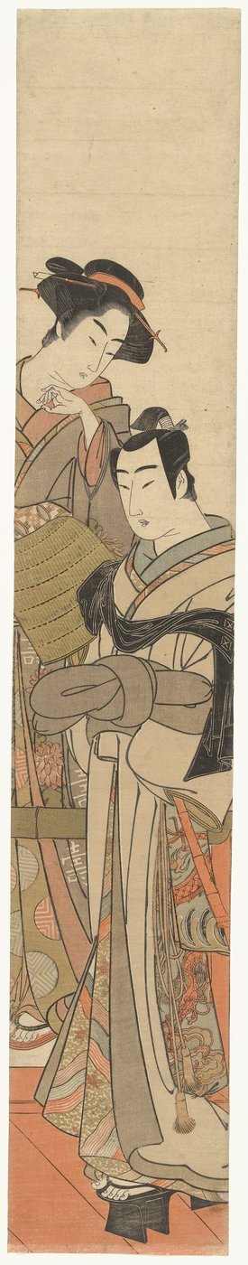 Žena s převlečeným mladým mužem Jonge man se setkal s rieten hoed en dame od Kitao Masanobu (attributed to)